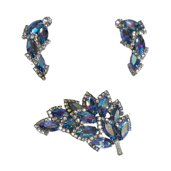 Vintage Weiss Blue‎ Aurora Borealis Leaf Brooch and Earrings set in silvertone - Picture 1 of 13